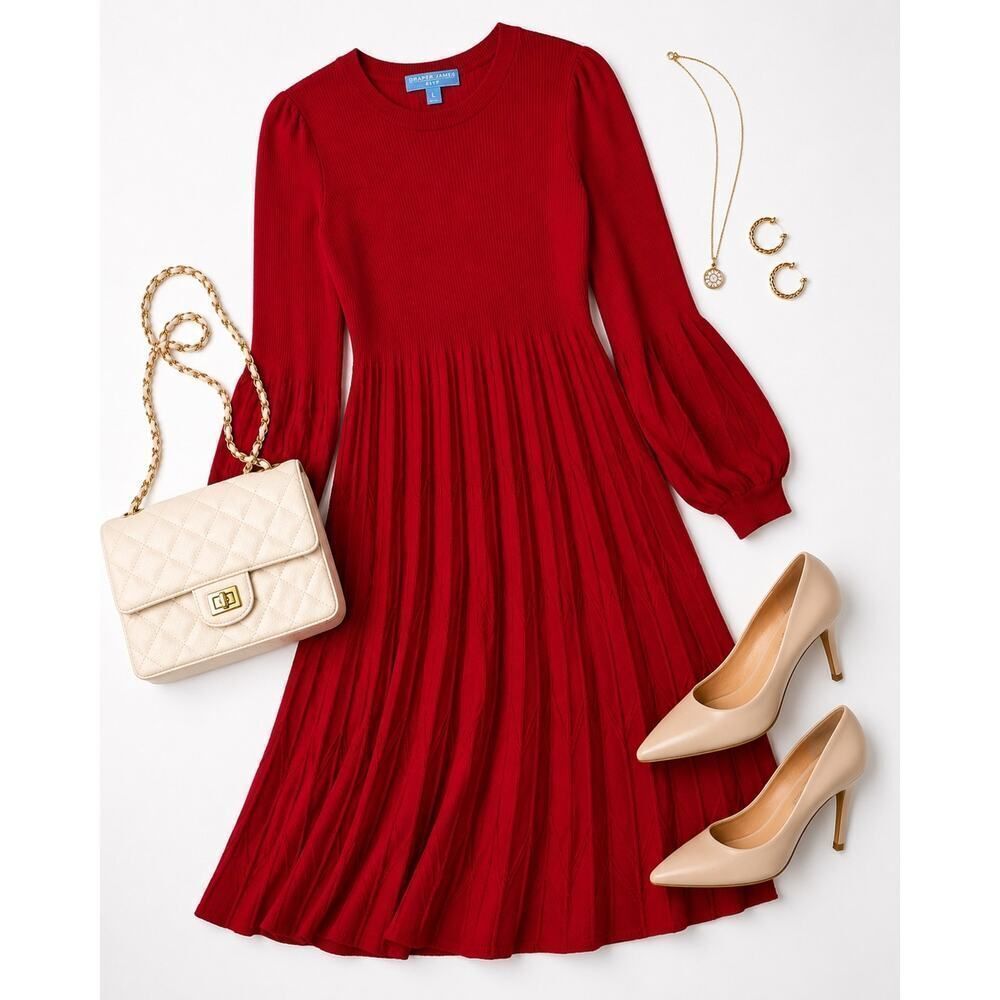 Draper James Red Pleated Sweater Dress Balloon Sleeve Knit Midi Holiday Romantic